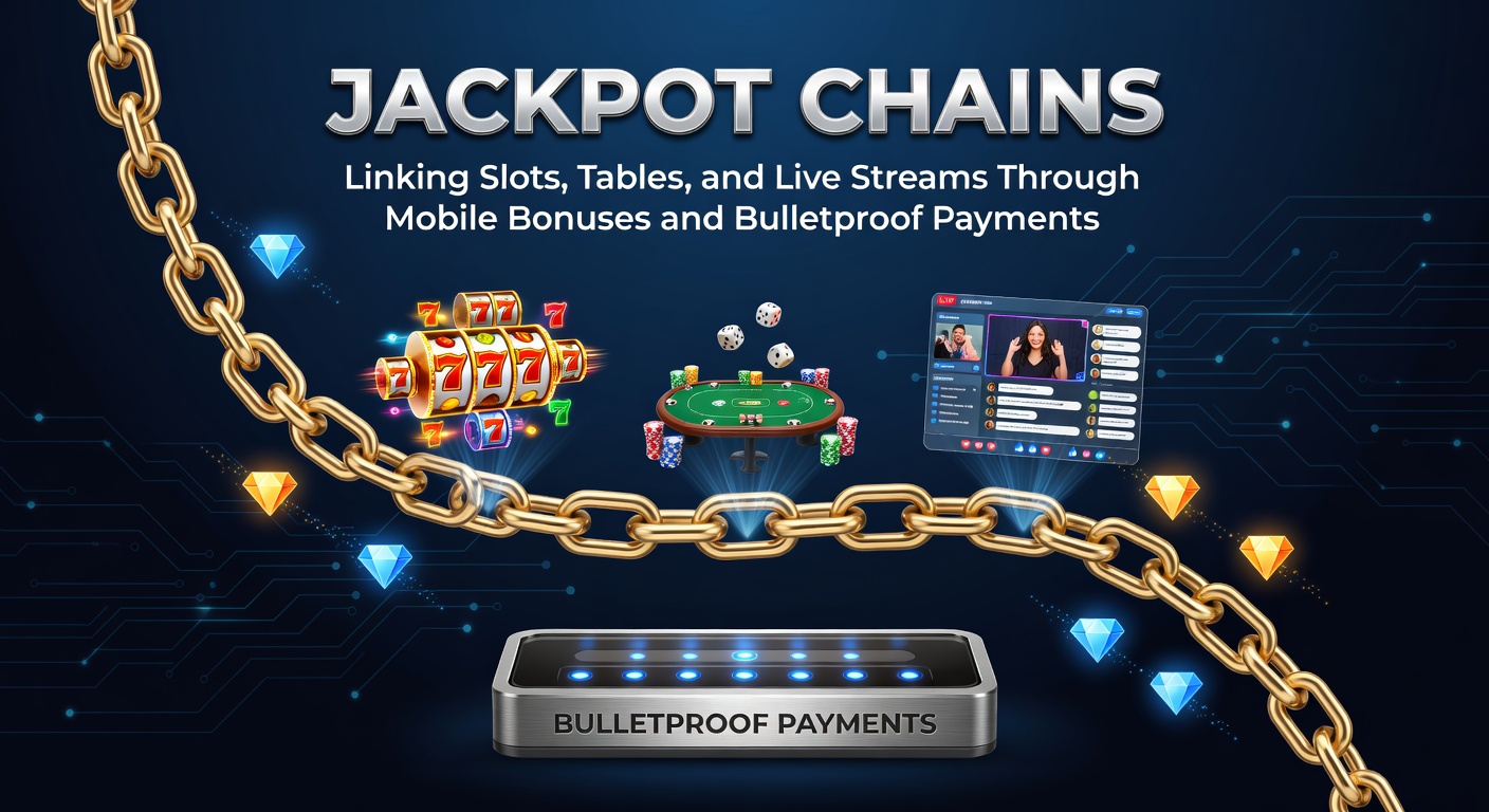 Visuelle Darstellung einer vernetzten Jackpot-Kette mit Slots, Tischspielen und Live-Streams, die durch mobile Boni und sichere Zahlungen verbunden sind