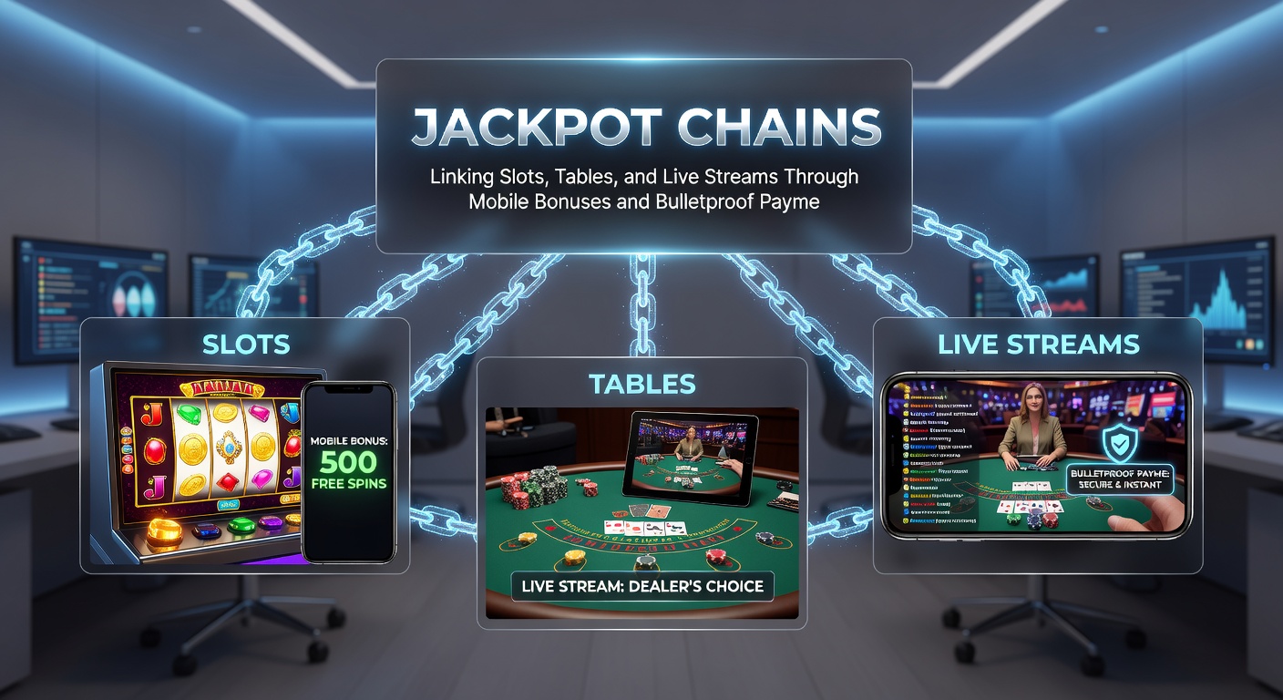 Detaillierte Grafik einer Jackpot-Kette mit mobilen Boni-Elementen, sicheren Zahlungsikonen und Verbindungen zwischen Slots, Tischen und Live-Streams