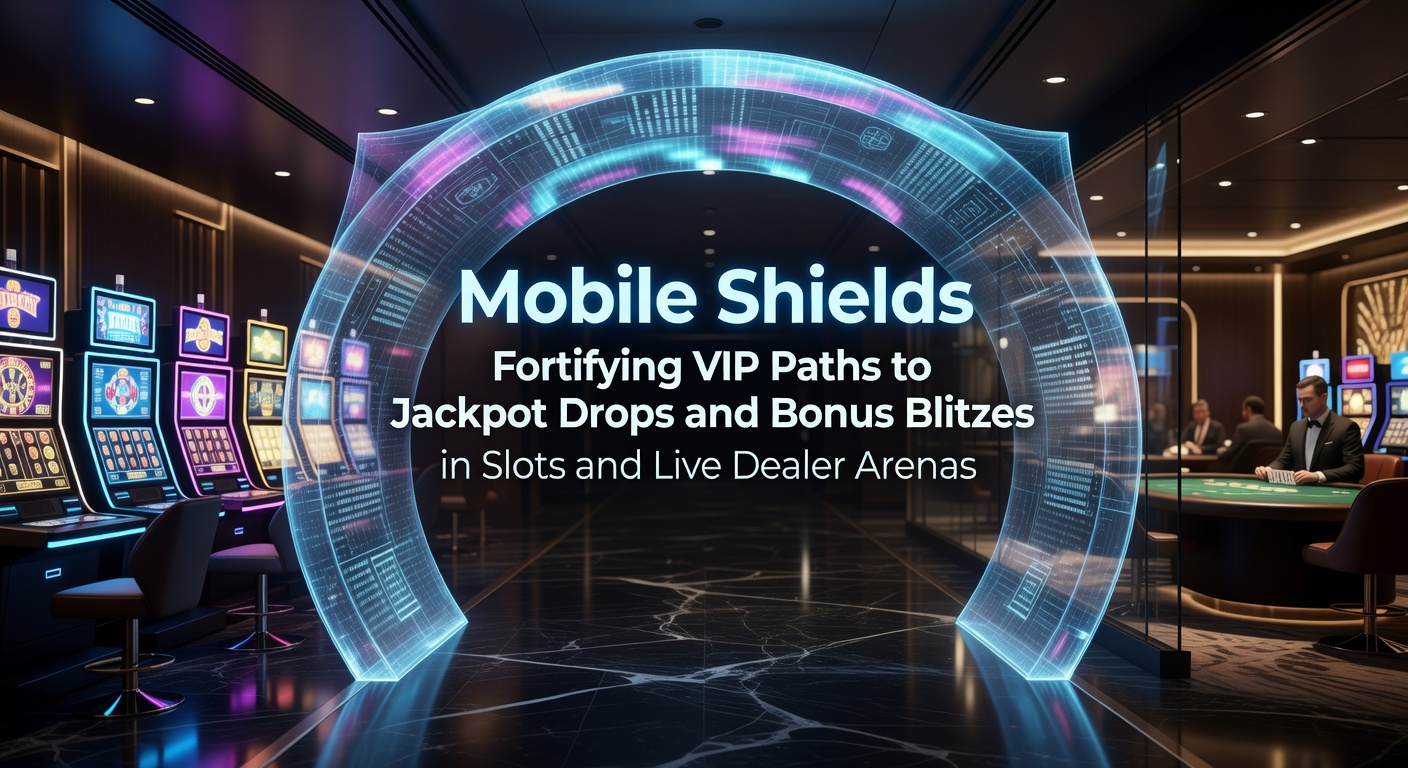 Smartphone mit schützender Schild-Grafik vor Casino-Slot-Maschinen und Live-Dealer-Tischen, symbolisiert mobile Sicherheit für VIP-Spieler