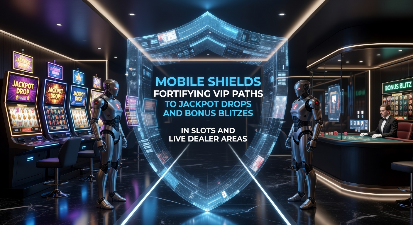 VIP-Spieler am Handy mit Schild-Symbol, umgeben von explodierenden Jackpots und Bonus-Icons in einem Slot- und Live-Casino-Setting